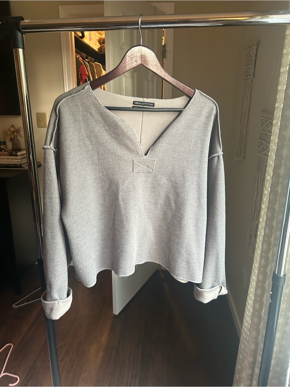 Urban Outfitters Taupe V-Neck Ribbed Women's Top